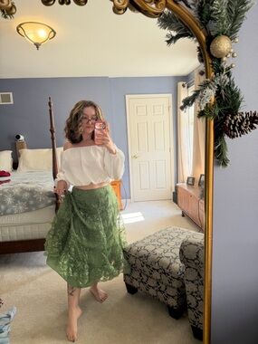 Green Tiered Lace Midi Skirt